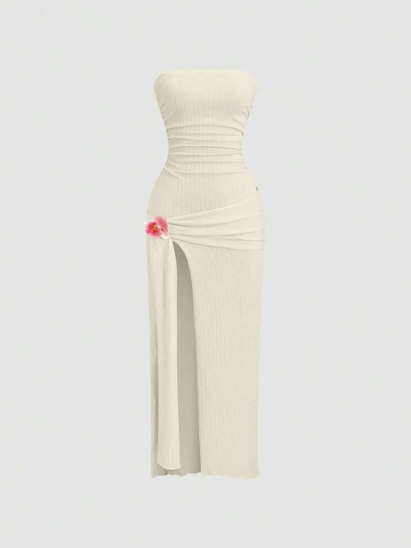 Robe longue Sweetra élégante à motifs floraux 3D, dos nu, col halter et fente-primary