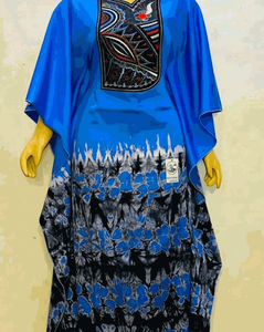 Robe Caftan Longue Bleue à Motifs Floraux-primary
