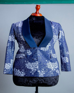 Complet Blazer Bleu Imprimé Floral - Élégance Distinctive Femme-primary
